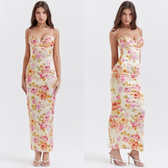 HOUSE OF CB 'Josefina' Ivory Floral Satin Maxi Dress - Picture 3 of 12